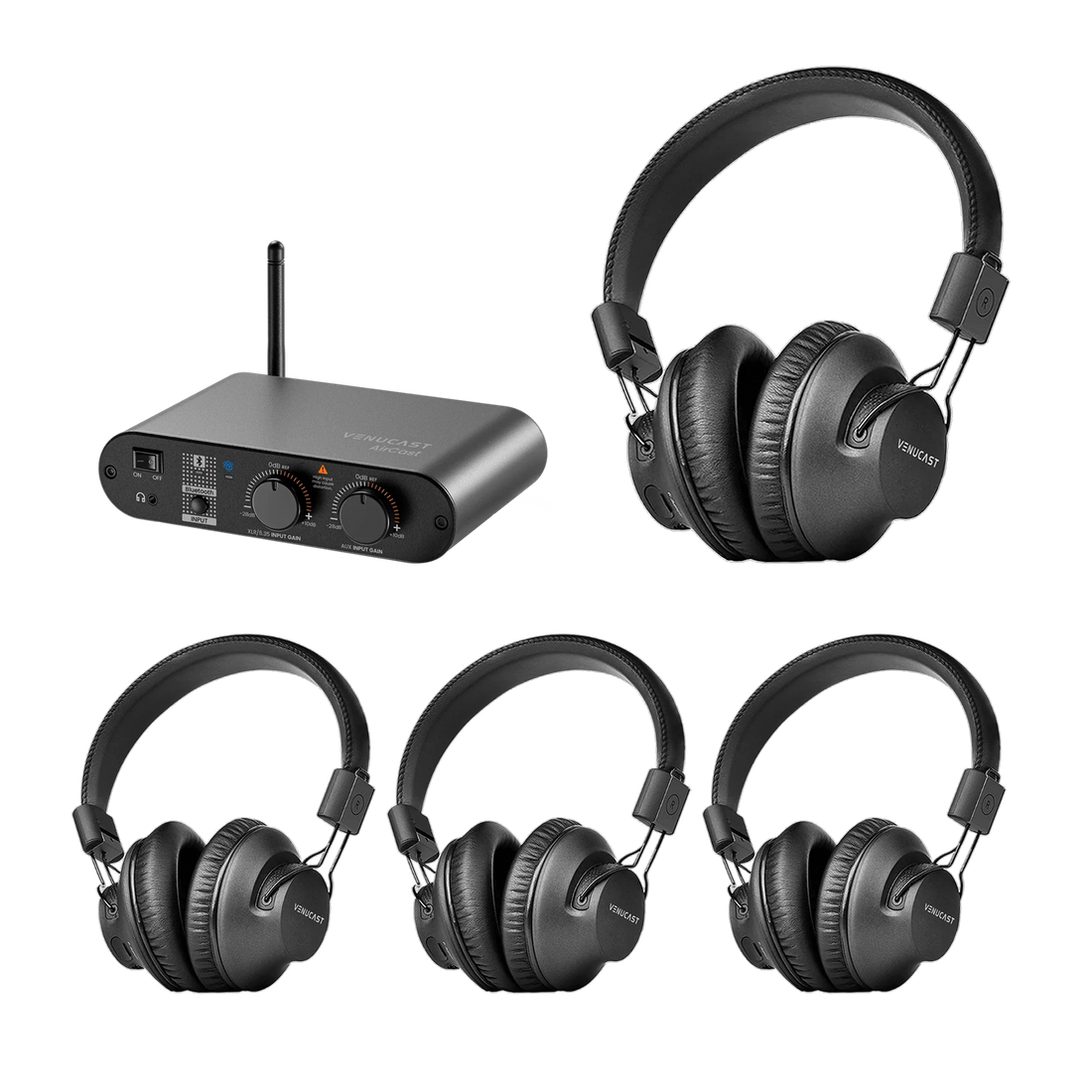 AuraPlex Pro-Lite 4 assistive listening system with one AirCast transmitter and four Lite Aura Auracast headphones