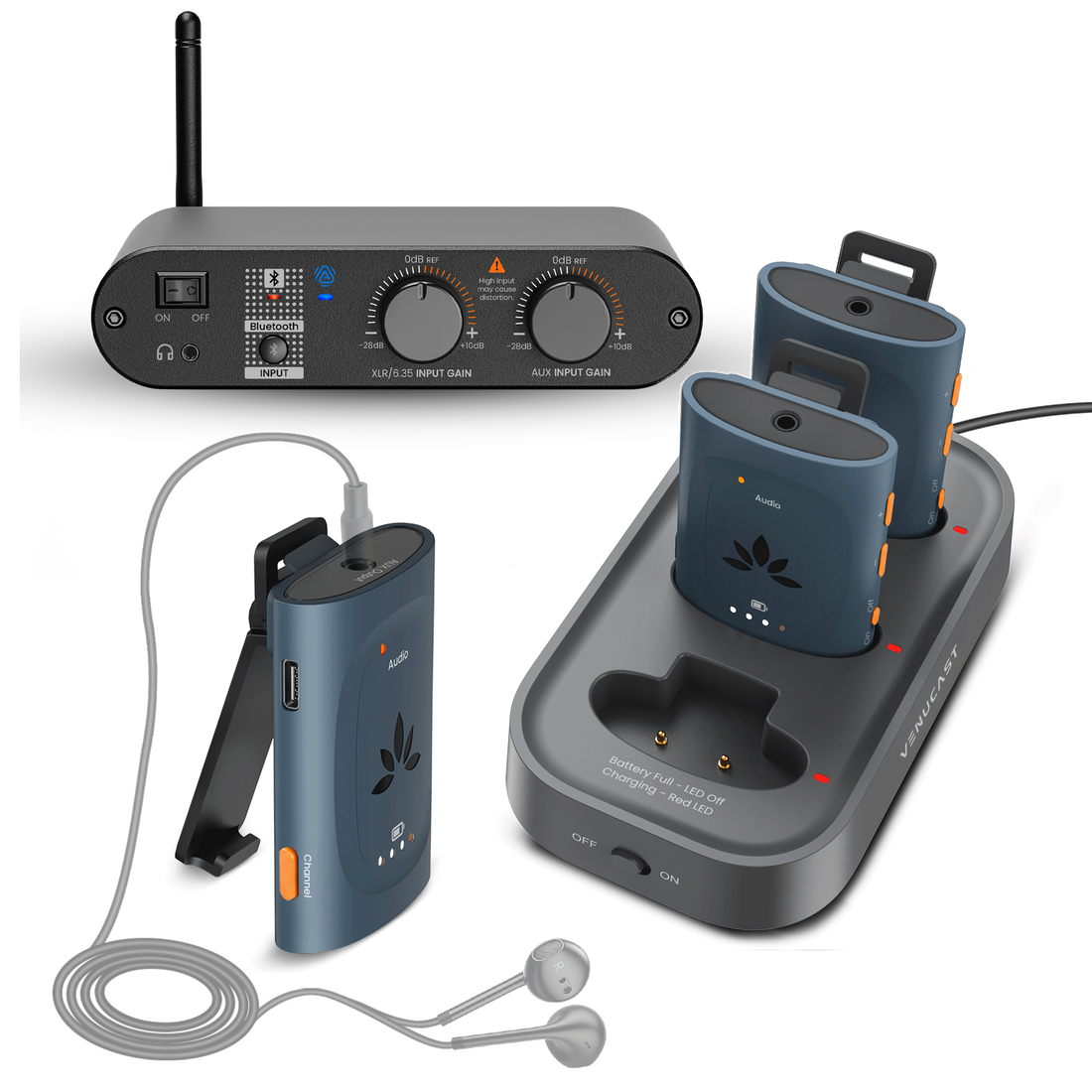 AuraPlex Pro M3 AuraClip Auracast Receiver System 3 Pack with AirCast Transmitter & Charging Dock, Assistive Listening Devices for Church, Conference, Theater, Senior Centers