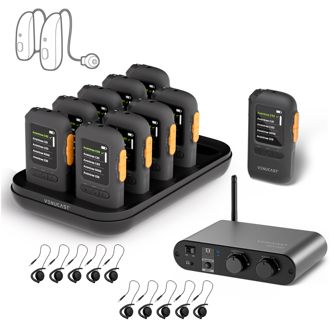 AuraPlex Pro-View 10 Auracast Receiver System with AirCast Transmitter and Charging Dock, supports Auracast hearing aids, receivers, and 3.5mm headphones.