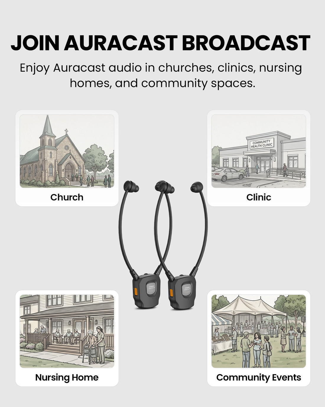 AuraBand 2-Pack Auracast Wireless Earbuds for Seniors with Charging Dock, clear Auracast assistive listening for churches, senior centers, clinics, nursing homes, and public venues.