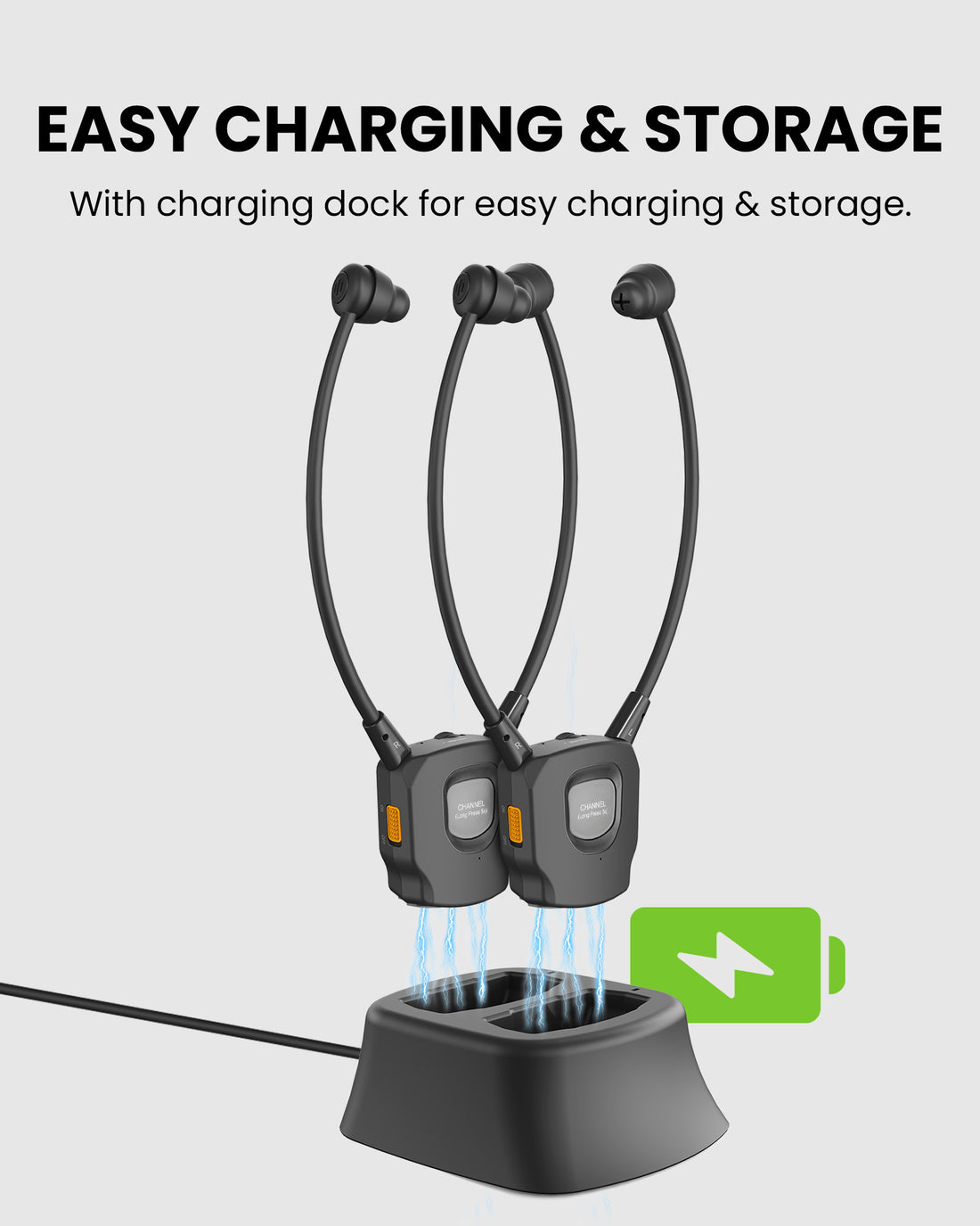 AuraBand 2-Pack Auracast Wireless Earbuds for Seniors with Charging Dock and replaceable batteries keeps earbuds powered, organized, and ready.