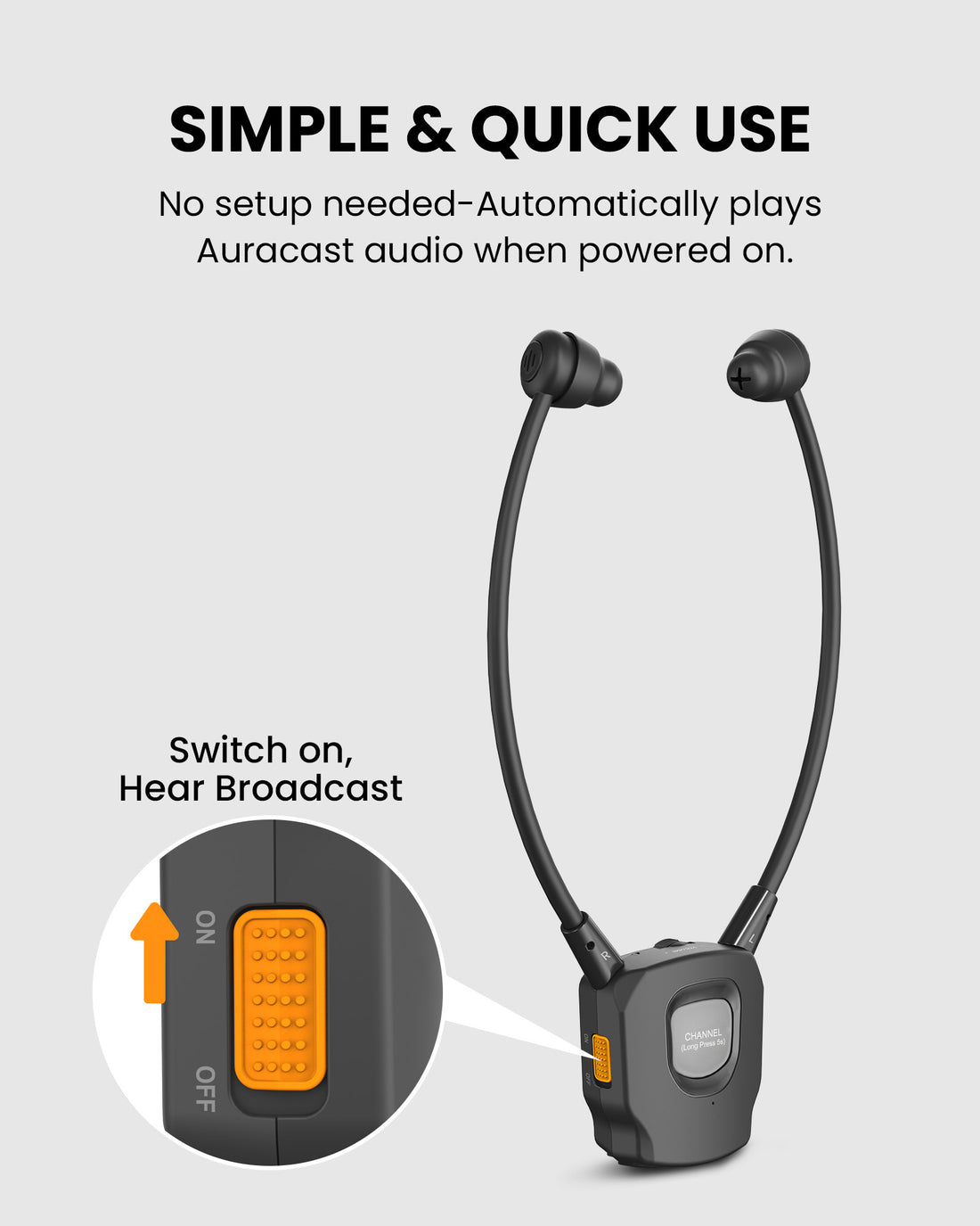AuraBand 2-Pack Auracast Wireless Earbuds for Seniors with Charging Dock. Automatically scans and connects to nearby public Auracast broadcasts.