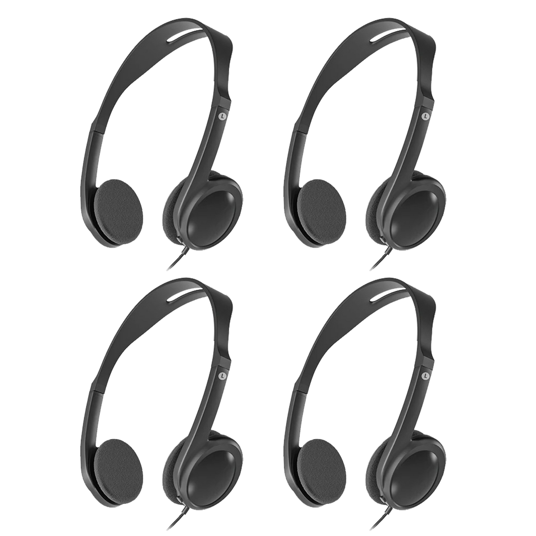 4-Pack Wired On-Ear Headphones with 3.5mm Jack for multi-listener use in churches, tours, and events with clear audio for receivers, audio guides, laptops, and media players.