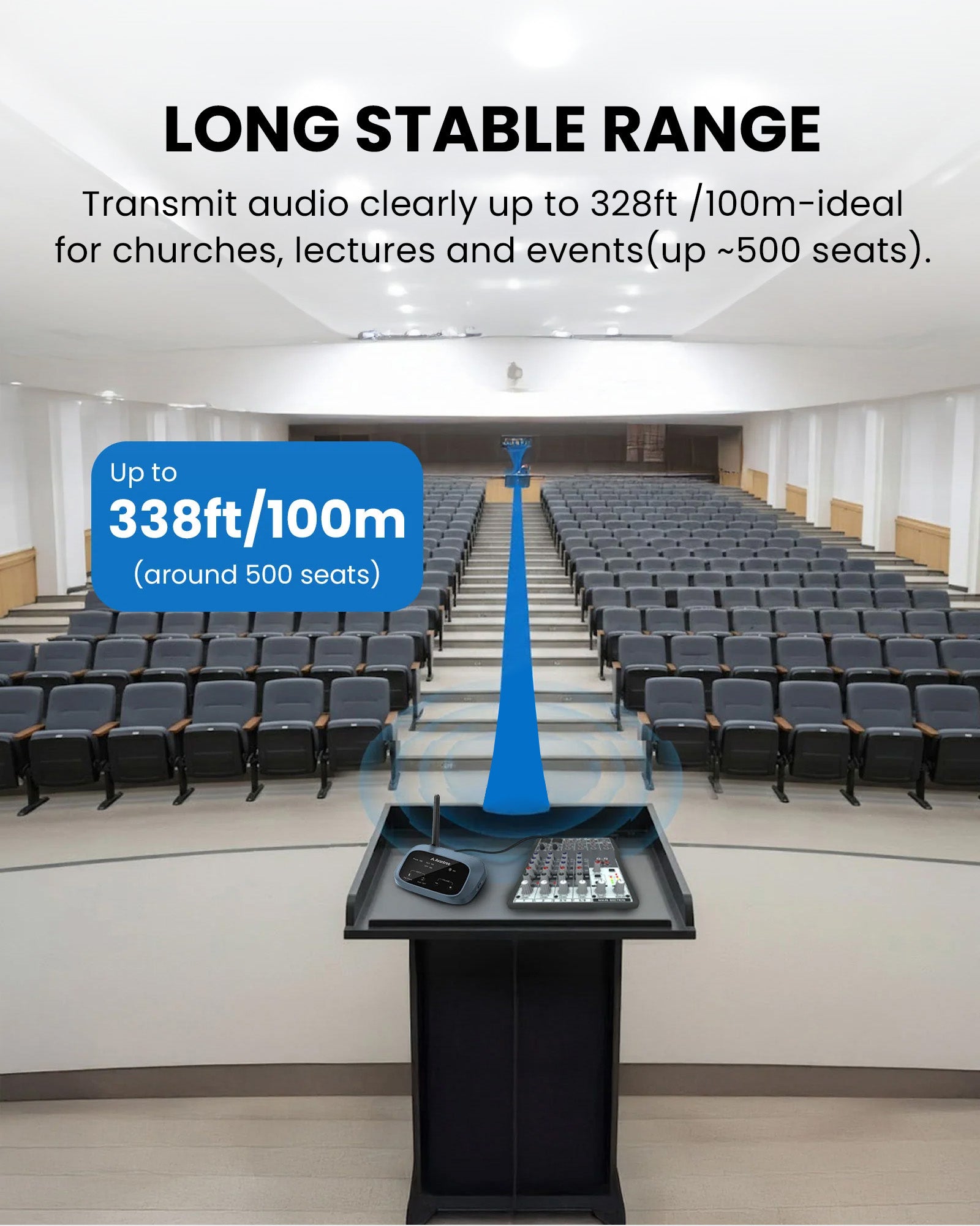 Oasis Aura Auracast Assistive Listening Transmitter for churches and venues, with 328 ft range and up to 500 seats for clear group listening coverage.