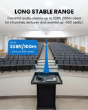 Oasis Aura Auracast Assistive Listening Transmitter for churches and venues, with 328 ft range and up to 500 seats for clear group listening coverage.