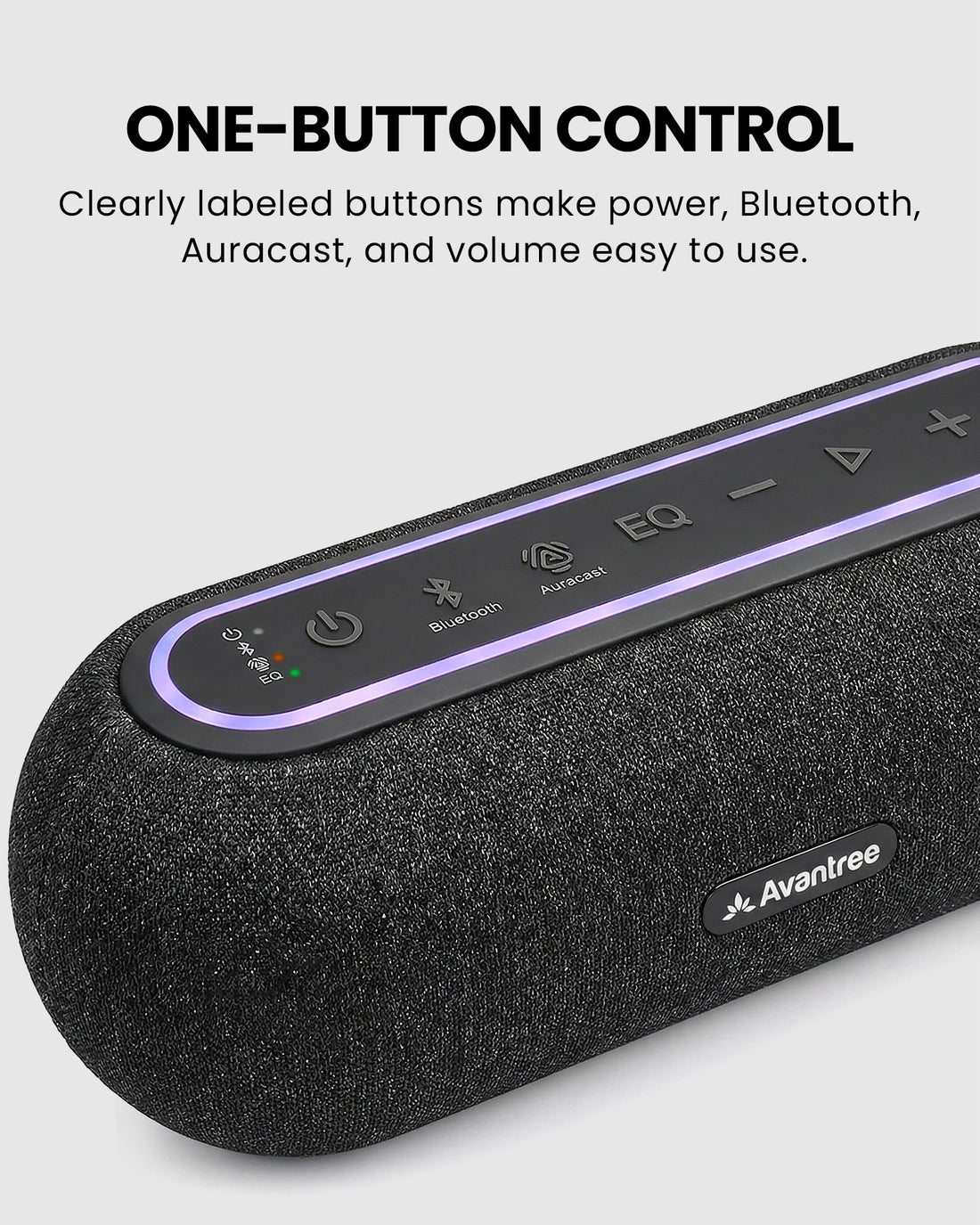 Harmony A2 Auracast Multi-Room Venue Speaker System with Enhanced Sound with clearly buttons for Bluetooth and Auracast switching, and easy volume control.