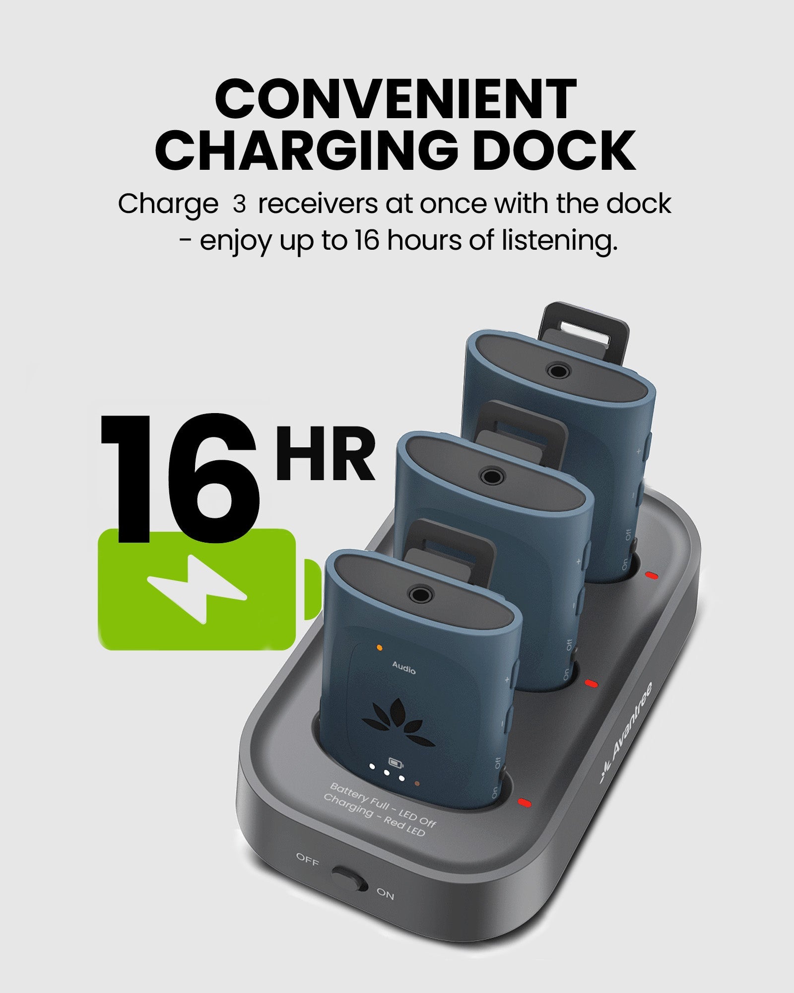 AuraPlex M3 Auracast Venue Transmitter and Receiver for churches and public spaces, and events with charging dock and up to 16 hours listening time.