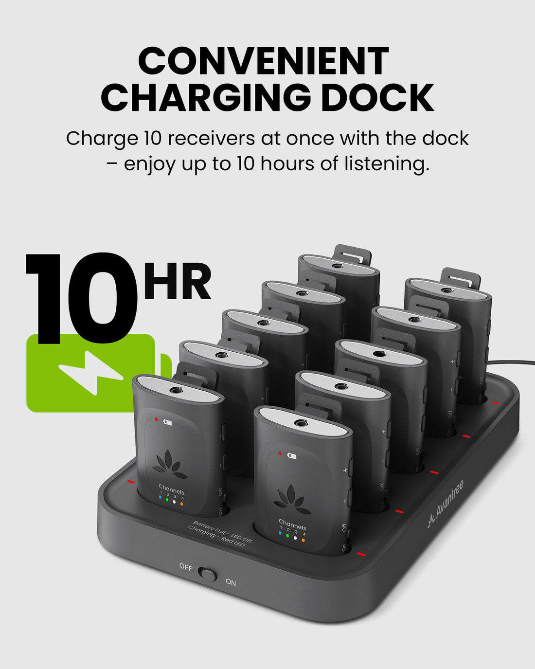 AudiPlex MX Group Listening System for Churches. Supports simultaneous charging, up to 10 hours listening time.