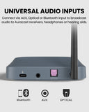 Auracast Venue Transmitter for churches and public spaces supports AUX, optical, and Bluetooth inputs, compatible with receivers and Auracast-enabled hearing aids.