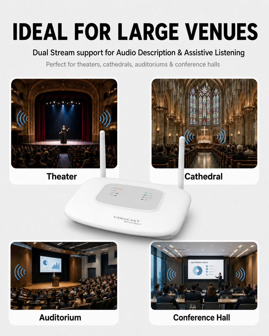 NetCast Network-managed Auracast audio distribution system for theaters, churches, auditoriums, and large venues with Web UI, app control, PoE, dual channels, and professional inputs.