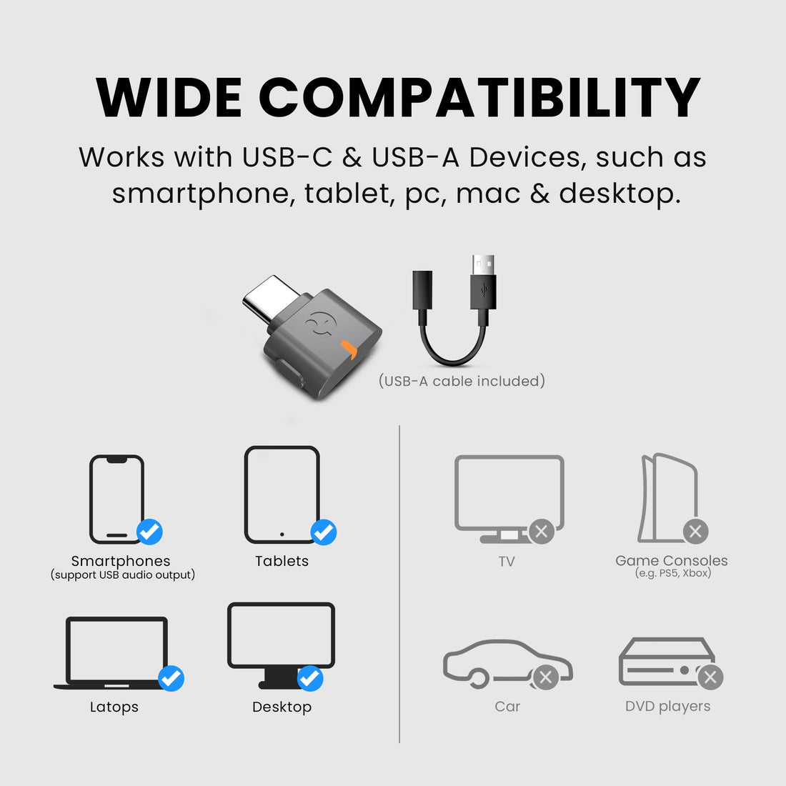 C82 Aura USB-C Transmitter for Auracast hearing aids and group listening, works with USB-C and USB-A devices; not compatible with TVs or gaming consoles.