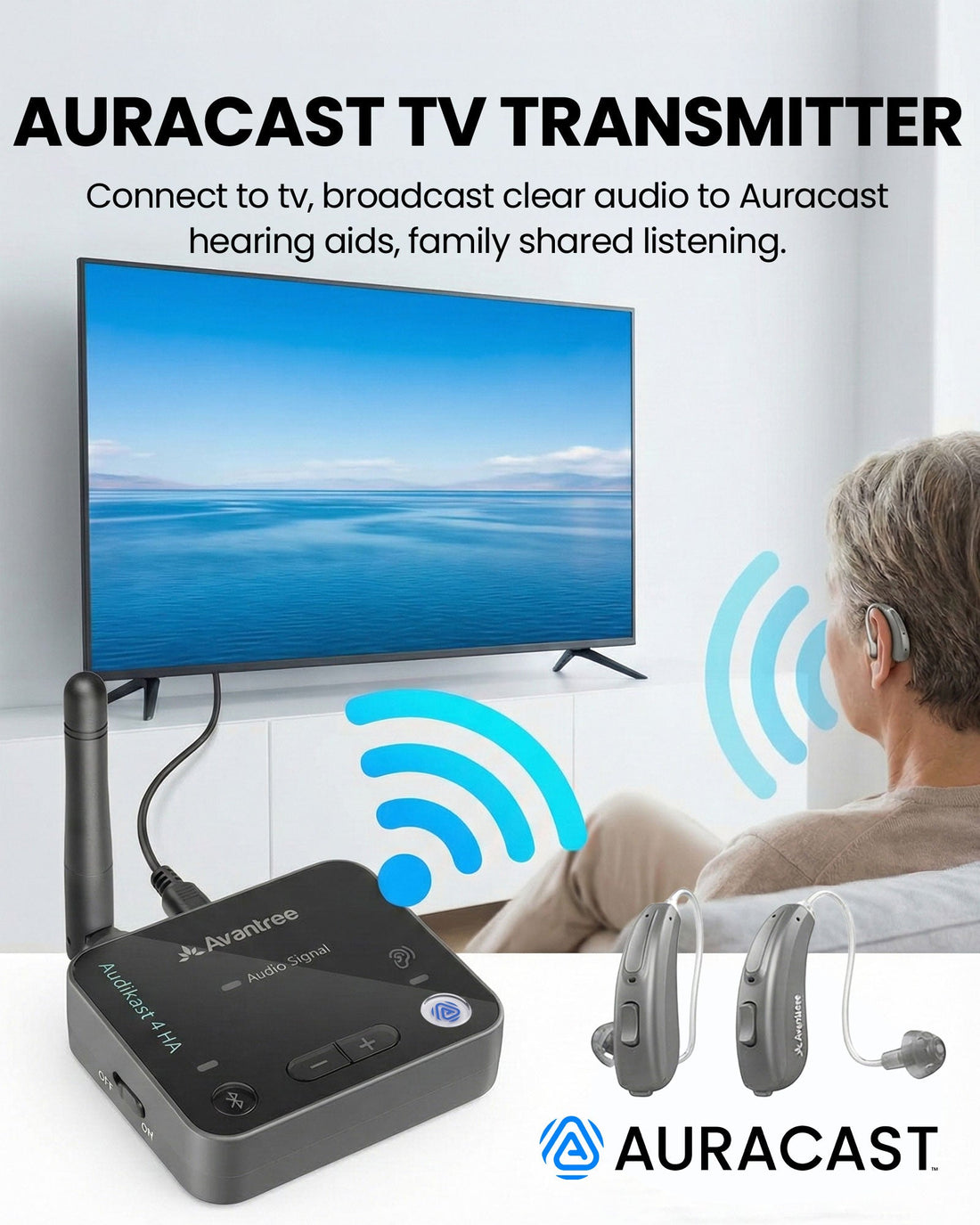 Audikast 4HA Auracast TV Transmitter Optimized fo Auracast hearing aids. Connects multiple Auracast-enabled hearing aids.