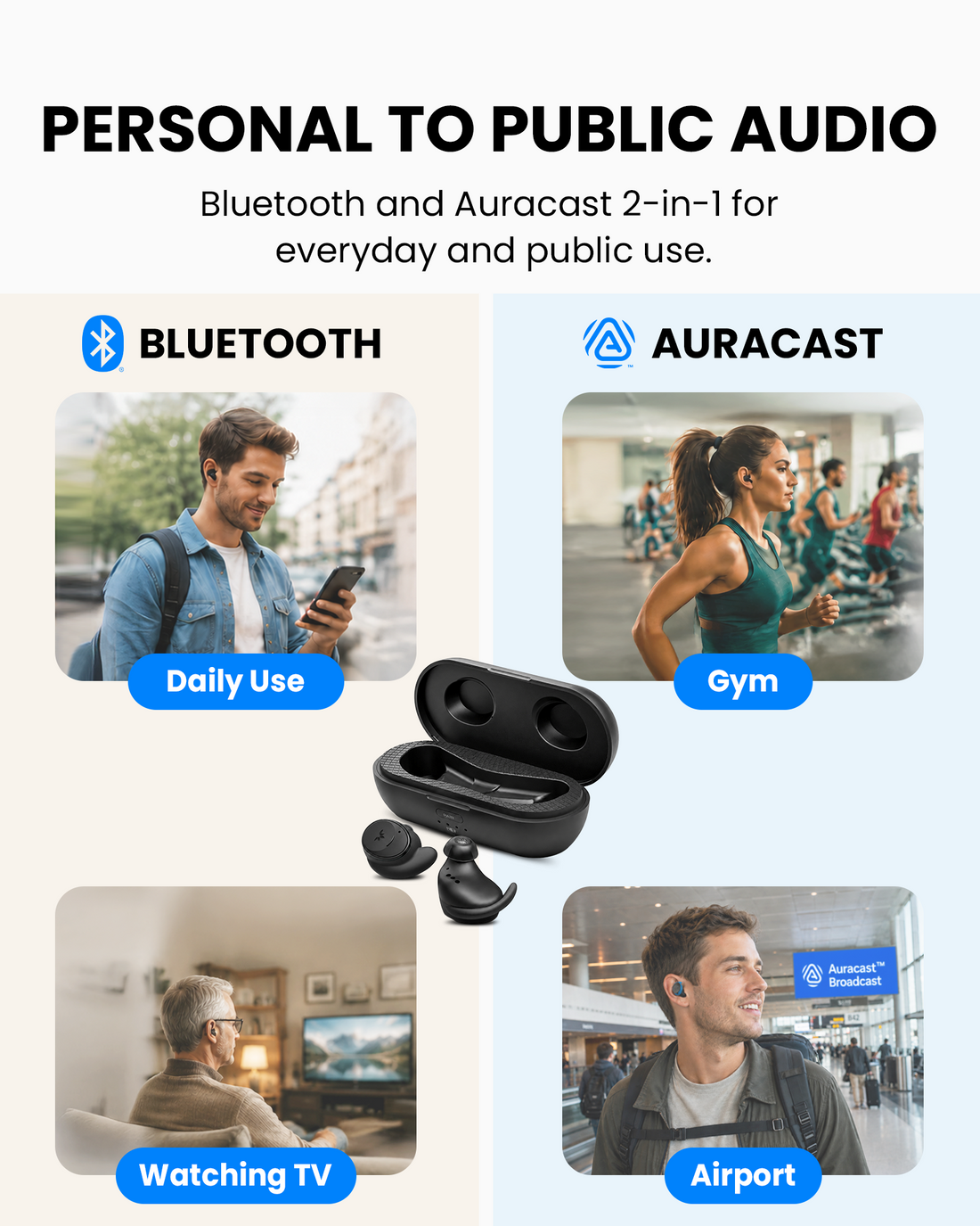 FitLock Aura earbuds connect by Bluetooth or join compatible Auracast broadcasts in gyms and public venues