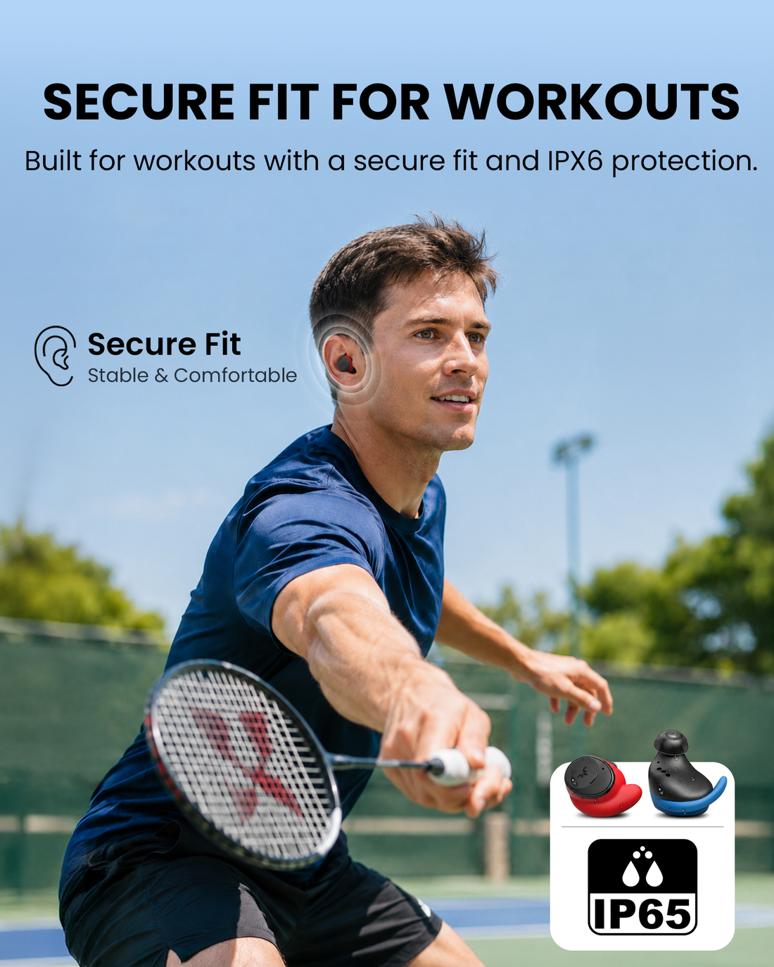 FitLock Aura secure-fit sports earbuds with IP65 dust and water resistance
