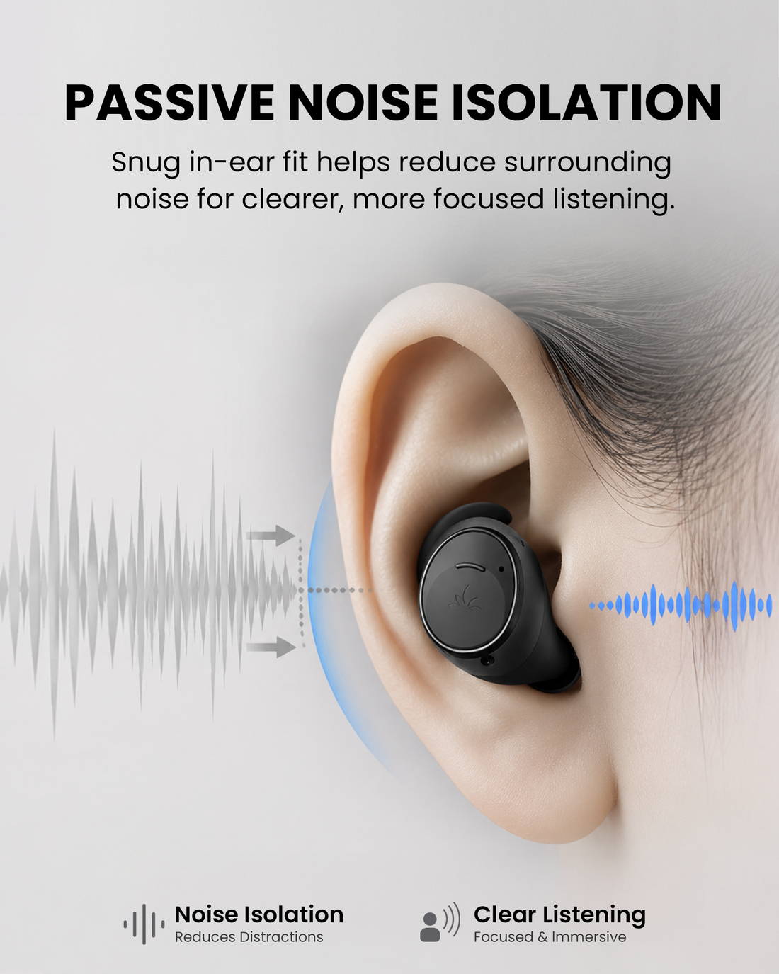 FitLock Aura low-profile in-ear design with passive noise isolation