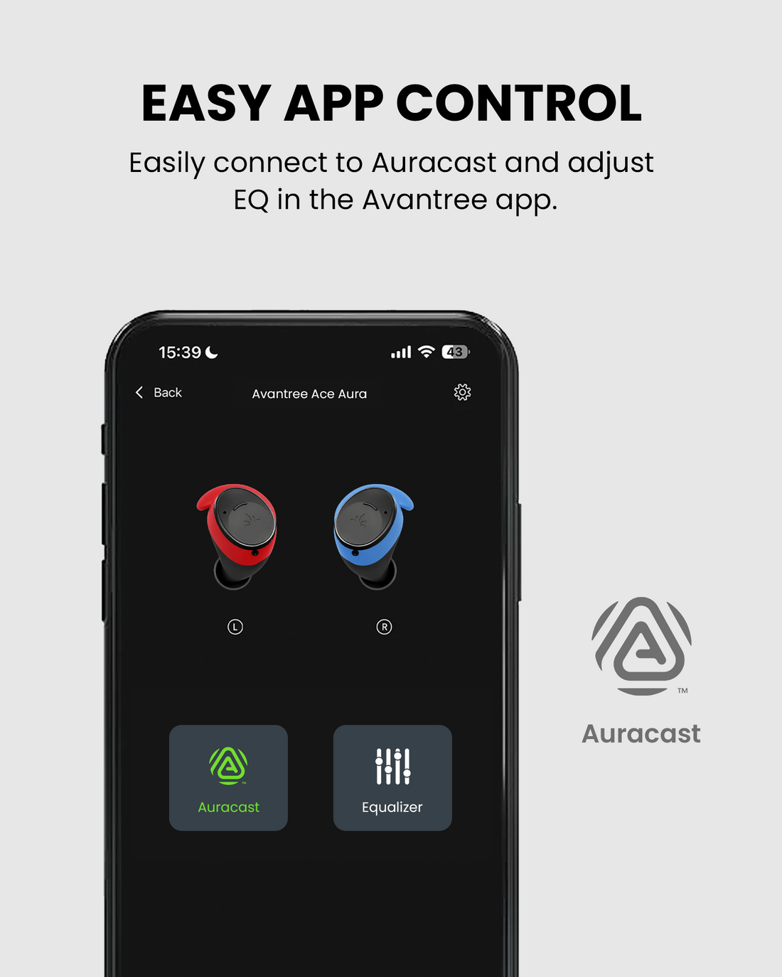 FitLock Aura app control for Auracast connection and EQ adjustment