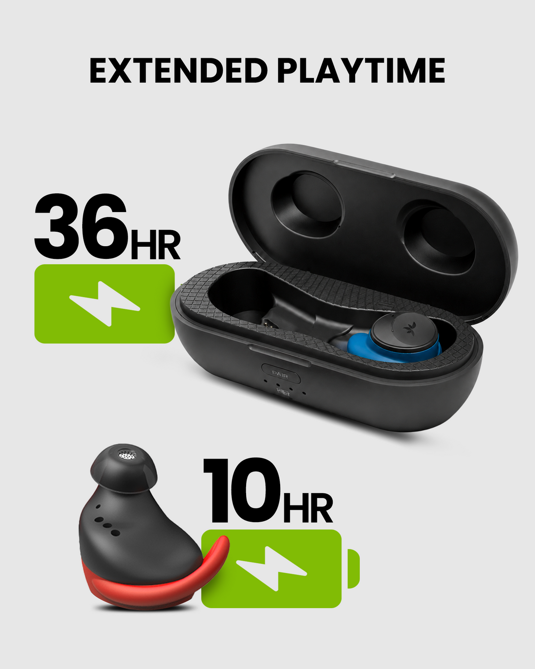 FitLock Aura offers up to 10 hours per charge and 36 hours with the charging case