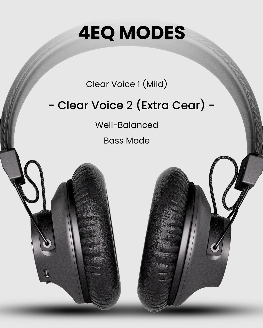 Lite Aura Auracast Headphones for churches and meetings with 4 EQ modes: clear voice 1 (mild), clear voice 2 (extra clear) balanced, and bass mode.