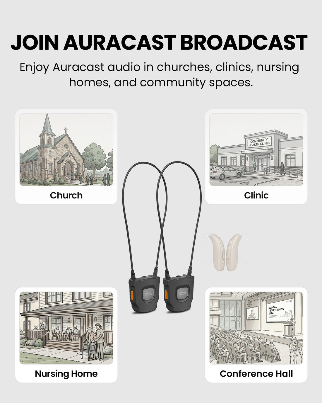 AuraCoil 2-Pack Auracast Receiver Set with built-in T-coil neckloop for hearing aids, ideal for churches, clinic, nursing home, and public listening venues.