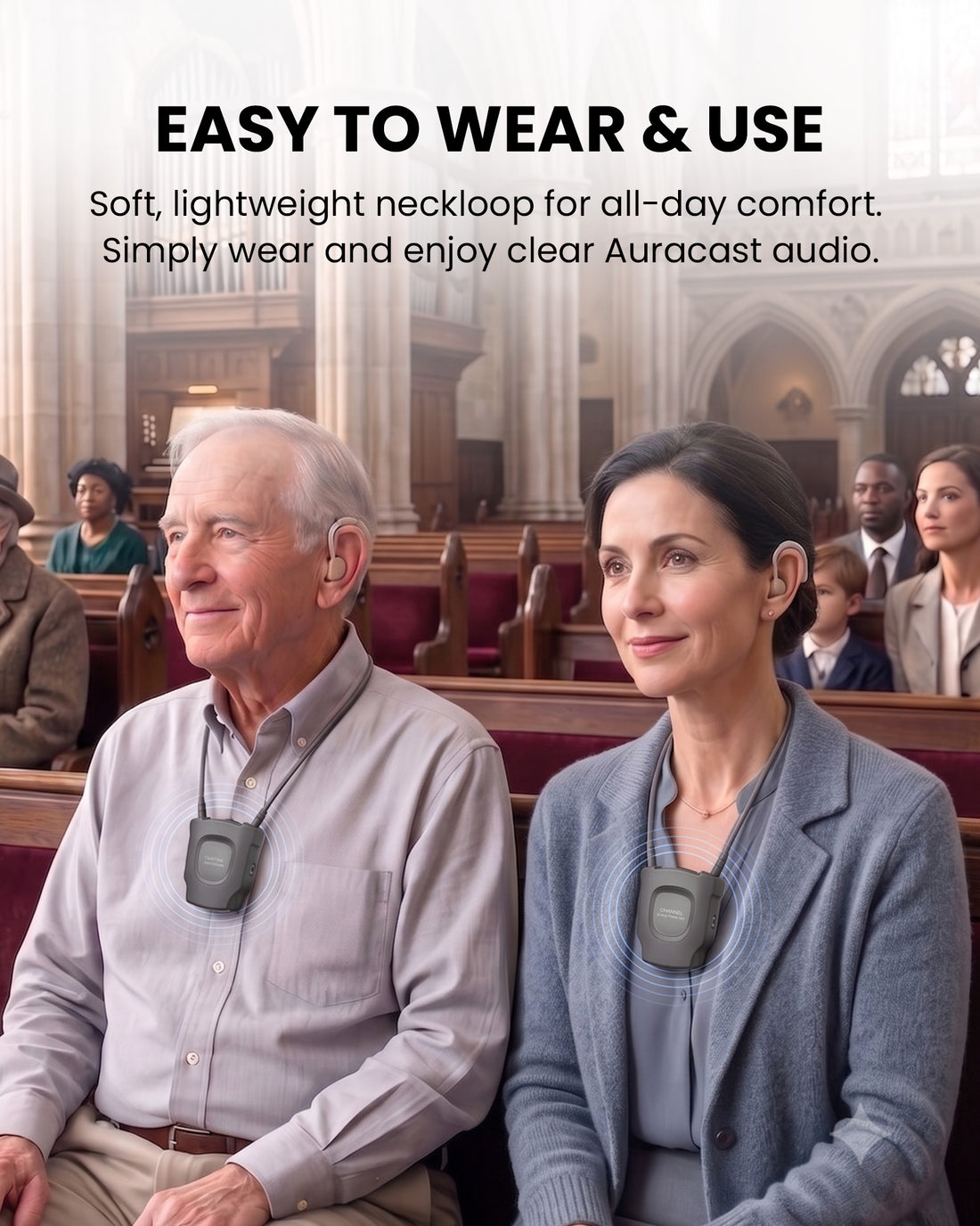 AuraCoil 2-Pack Auracast Receiver Set with built-in T-coil neckloop, lightweight, and easy to wear and use.
