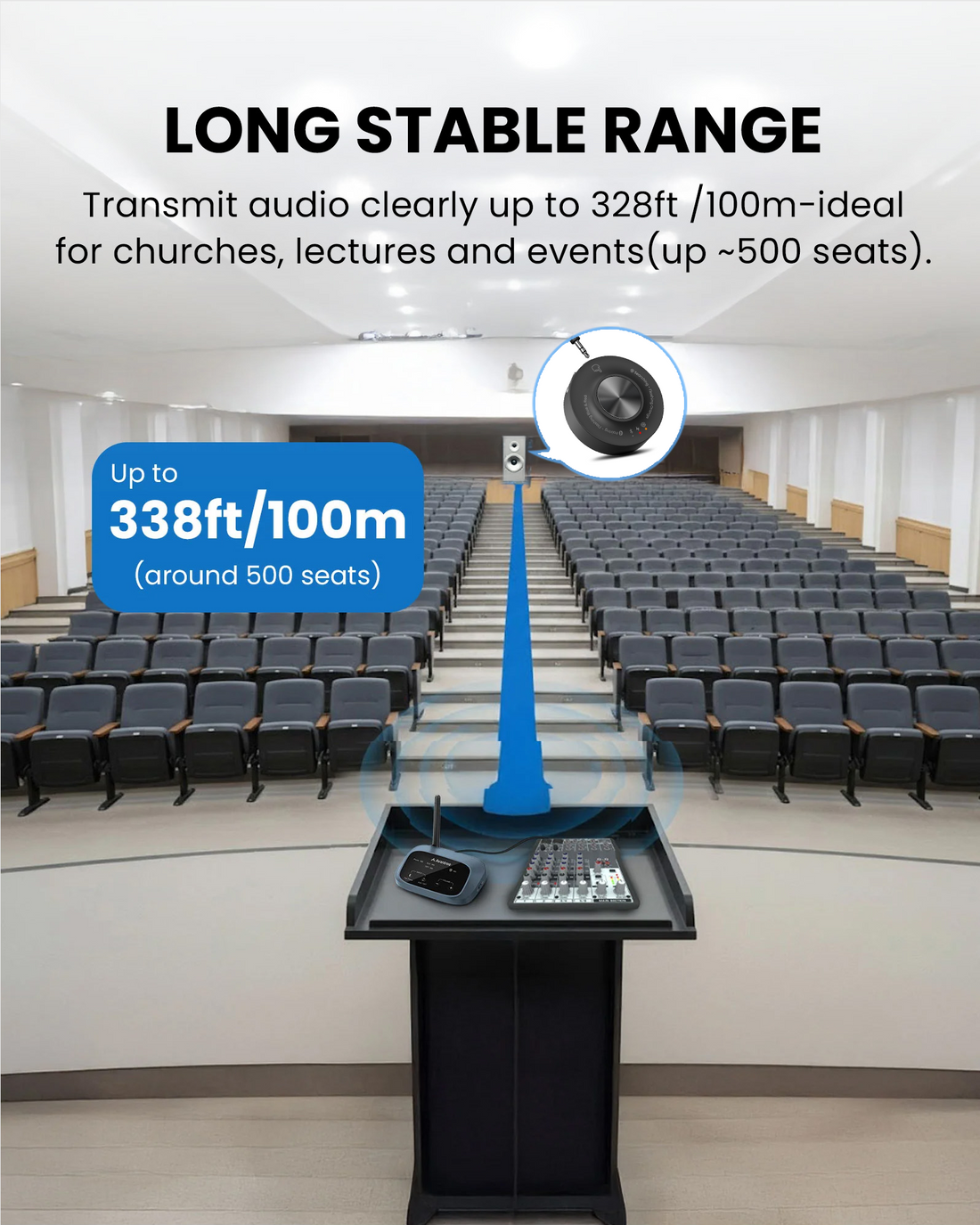 AuraLink 3-Pack Auracast receiver for powered speaker systems for churches, lecture halls, and events, clear audio up to 328 ft and up to 500 seats.