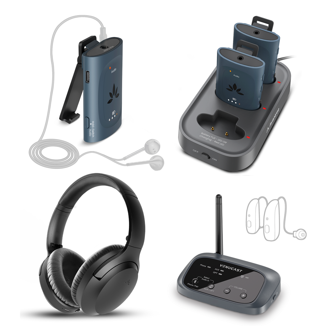 AuraPlex X4 Auracast Venue Transmitter and Receiver Listening Kit w/ Charging Dock. Supports for enabled hearing aids, receivers, & wireless headphones