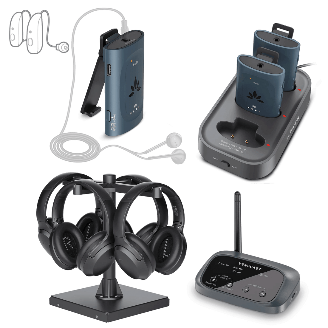 AuraPlex X7 Auracast Group (3 Auraclip & 4 Aria Aura) Listening Kit w/ Charging Dock. Supports Auracast enabled hearing aids, 3.5 mm wired headphones, wireless headphones, and receivers.