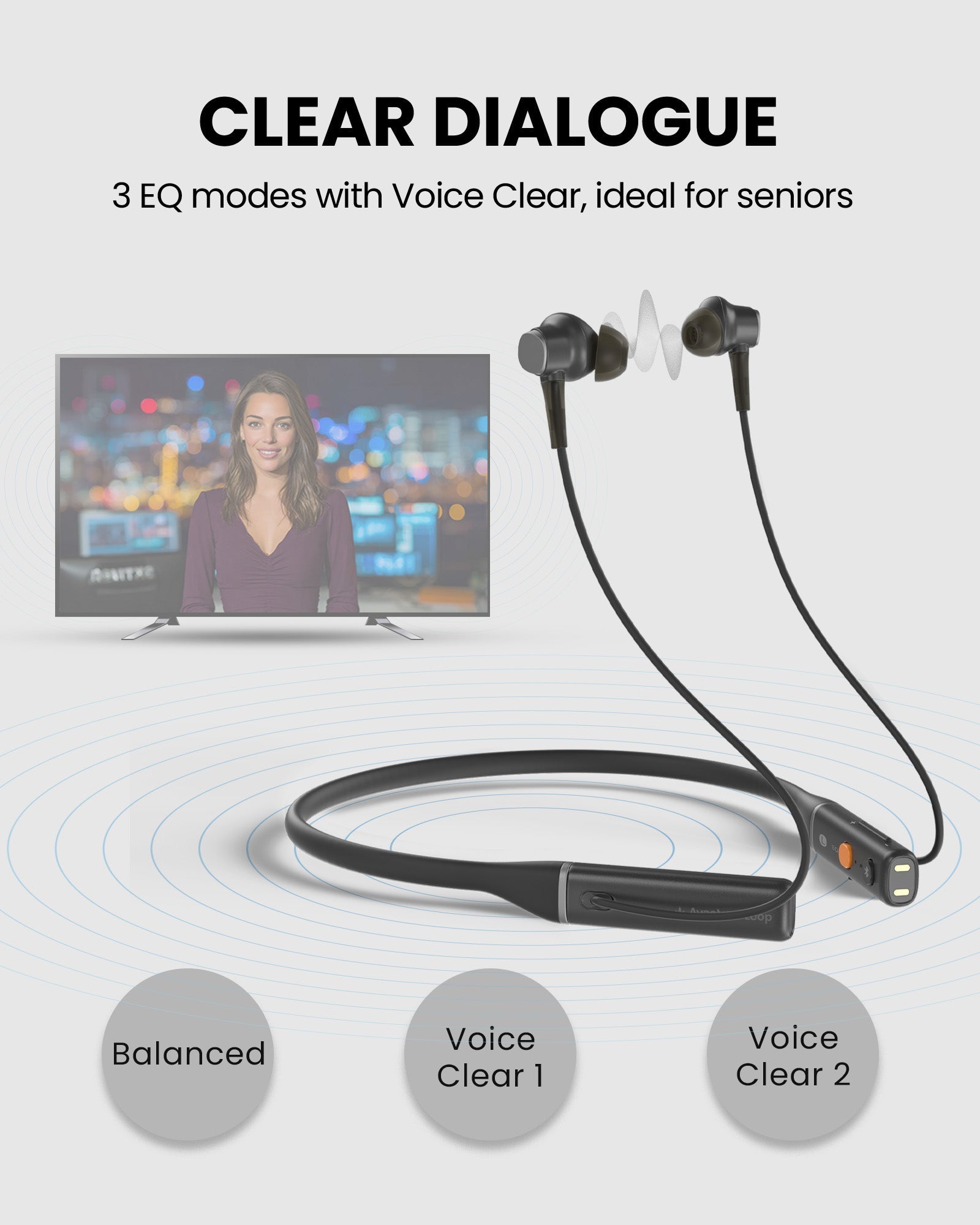 Loop Auracast TV Earbuds with clear dialogue, easy charging dock, with 3 EQ modes, Clear Voice, and Balanced, ideal for seniors.