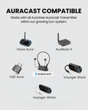 Loop Auracast TV Earbuds with clear dialogue, easy charging dock, compatibility with Avantree Auracast transmitters and receivers.