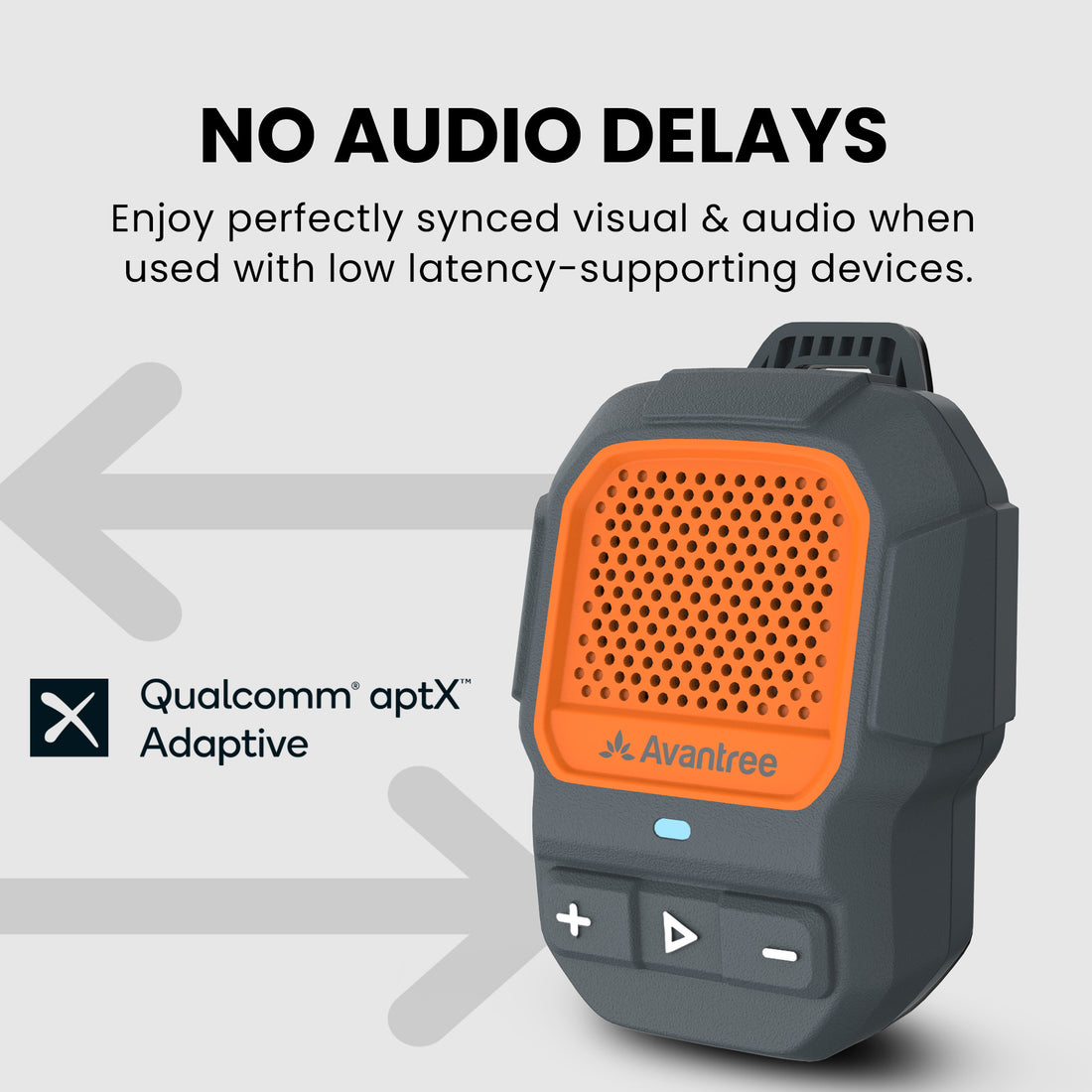 ShareCast Solo Clip-On Auracast Speaker with LE Audio and aptX Adaptive for synchronized audio and video with low-latency devices.
