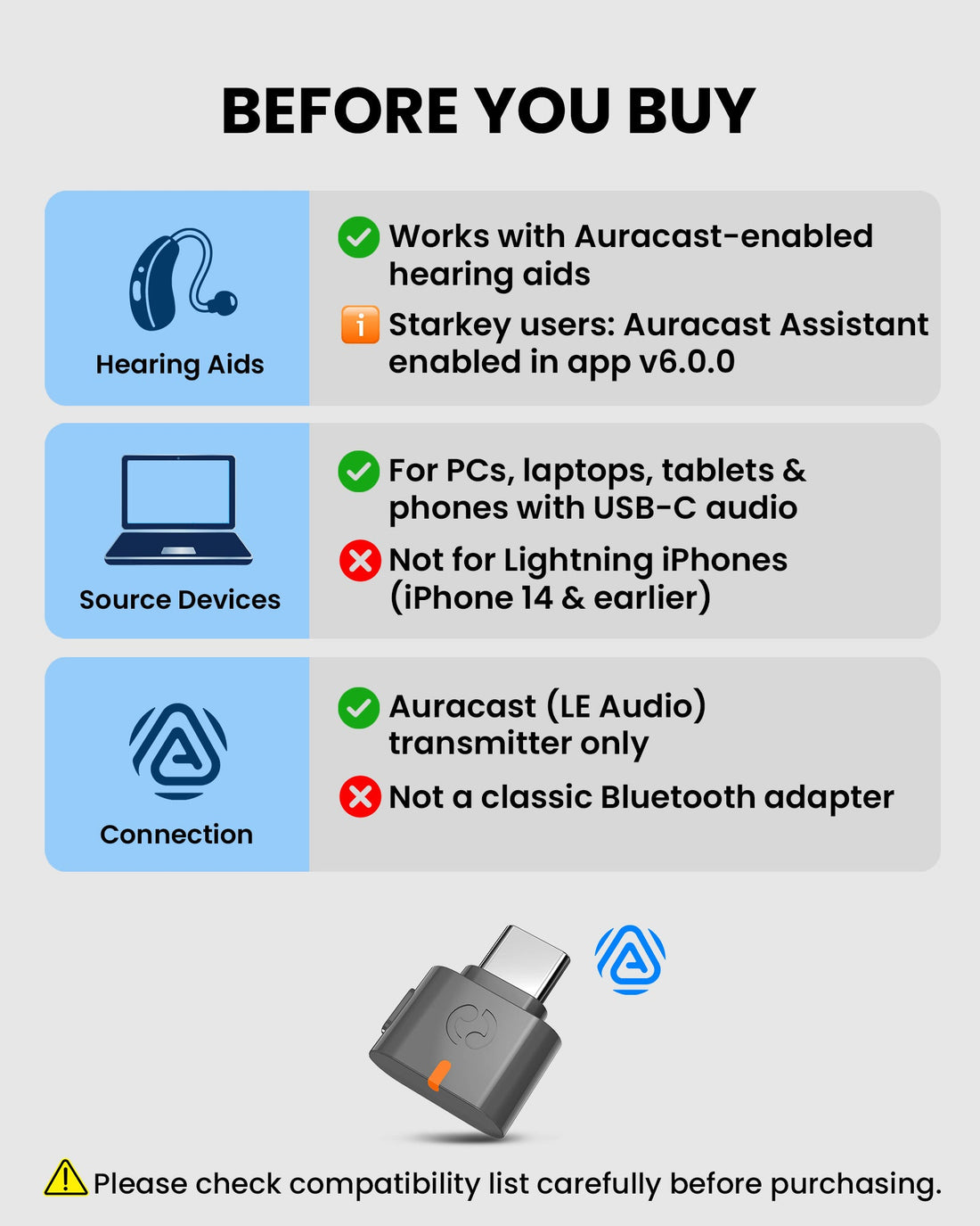C82 Aura USB-C Transmitter for Auracast for Auracast-enabled hearing aids and headphones for smartphones, tablets, laptops, Macs, and PCs,