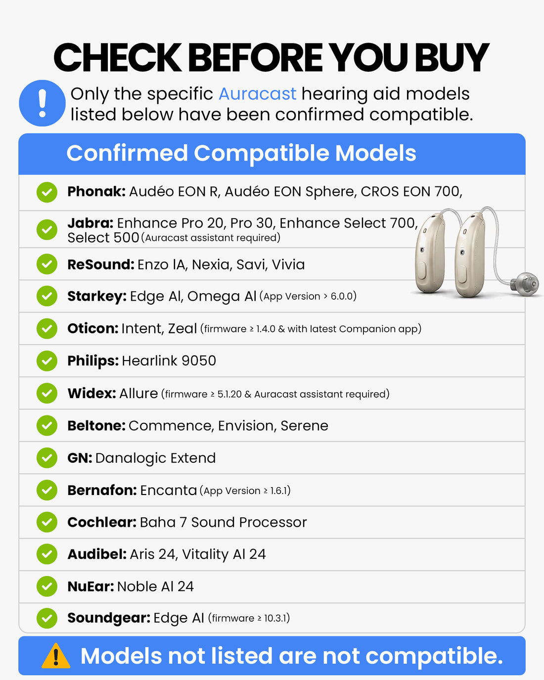 Confirmed Auracast hearing aid compatibility list including supported Phonak, Jabra, ReSound, Starkey, Oticon, Philips, Widex, Beltone, GN, Bernafon, Cochlear, Audibel, NuEar, and Soundgear models.
