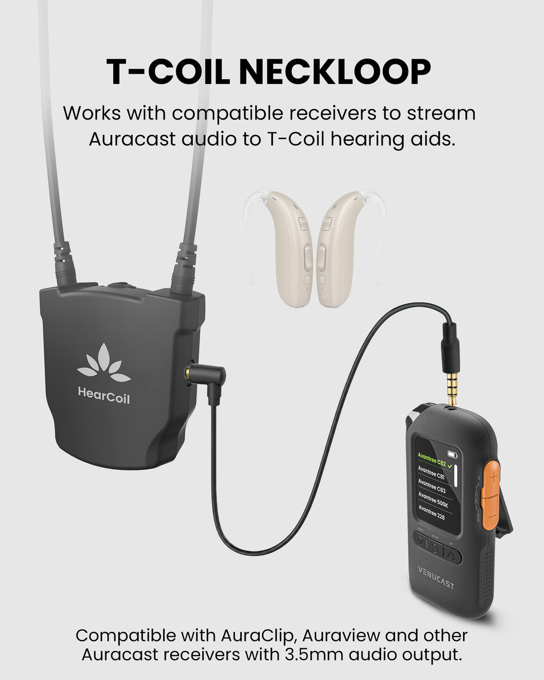HearCoil Passive Neckloop for Telecoil Hearing Aids & Audio Receivers. Stream auracast audio to T-coil hearing aids. Compatible with 3.mm audio output