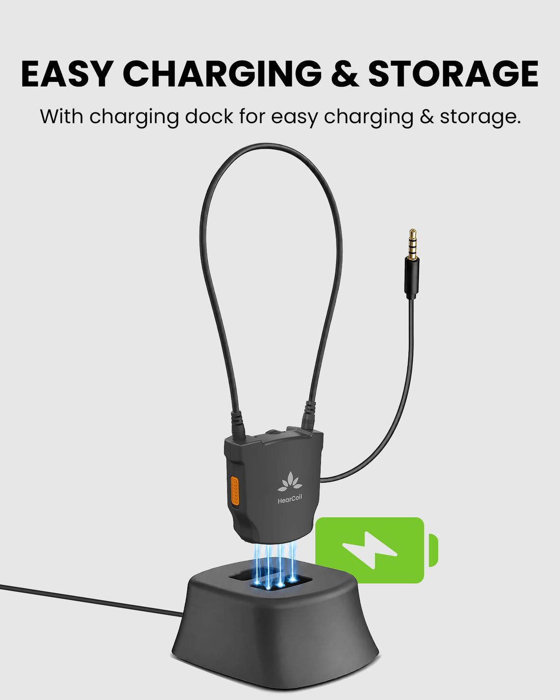 HearCoil Passive Neckloop for Telecoil Hearing Aids and Audio Receivers, with harging dock for easy charging and storage.