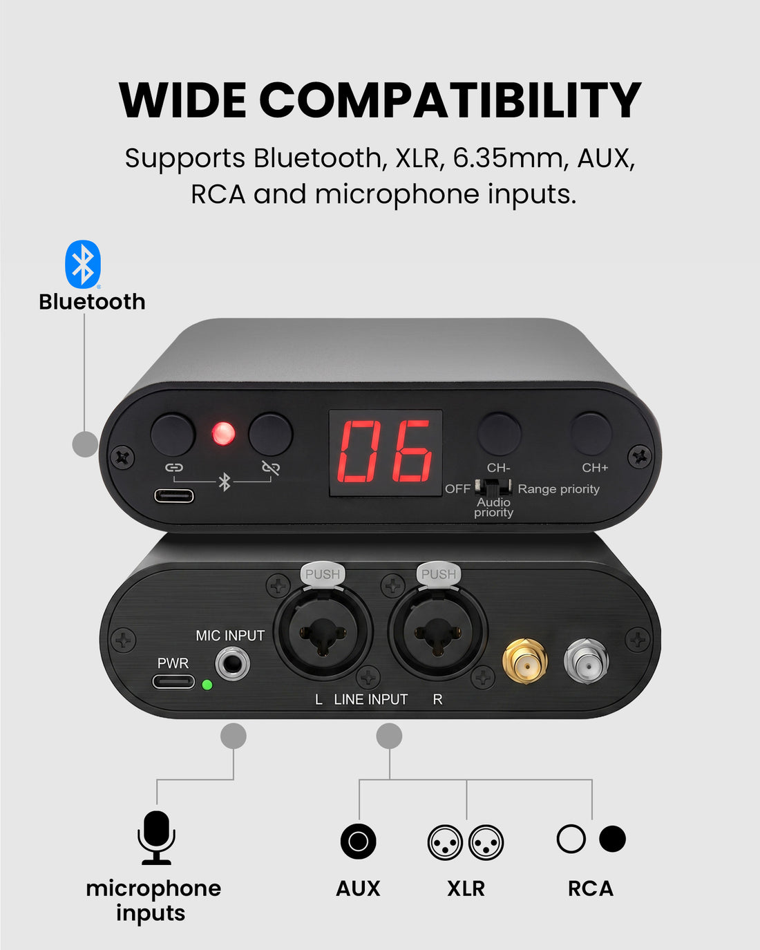 Motion-UT90 Wireless LED Headphones and Transmitter for events, conferences, and meetings with Bluetooth, XLR, 6.5mm, and microphone input support.