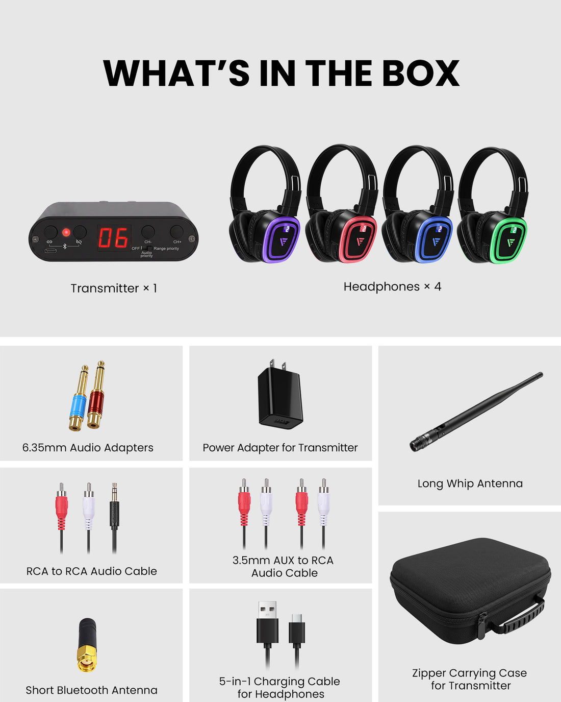Motion-UT90 Wireless LED Headphones and Transmitter for silent events, conferences, meetings, and gatherings with 1 transmitter, 4 headphones, accessories