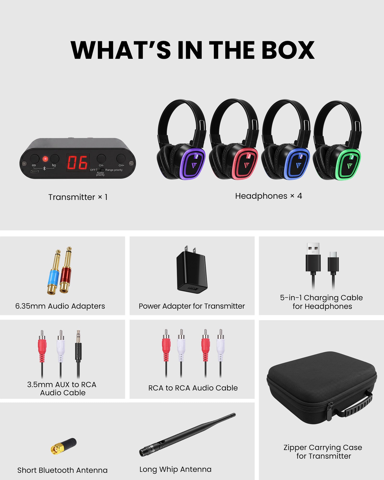 Motion UT90 Wireless LED Headphones & Transmitter with Bluetooth for your ideal for parties, weddings, and event. Iincludes power cable, adapter, AUX-to-RCA, RCA cable, 6.35mm adapters, antennas, charging cable, and zipper box.