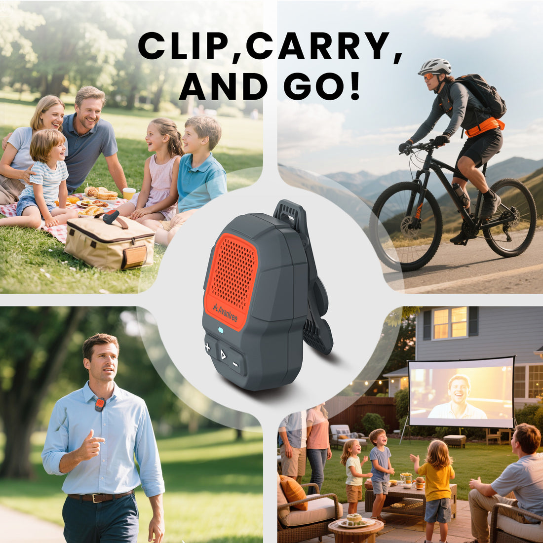 ShareCast Solo Clip-On Auracast Speaker with LE Audio for outdoor use, clip-and-carry design, and ready-to-use wireless audio.
