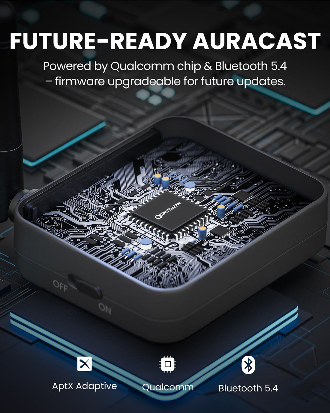 Audikast 4HA Auracast TV Transmitter Optimized fo Auracast hearing aids. Qualcomm, Bluetooth 5.4, AptX Adaptive, with firmware upgradability.