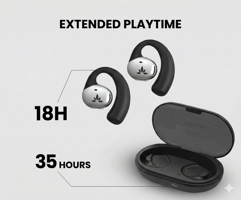 Pebble Aura Open-Ear Auracast TV Earbuds with clear audio, stable connectivity. Up to 18 hours of uninterrupted audio on a single charge.