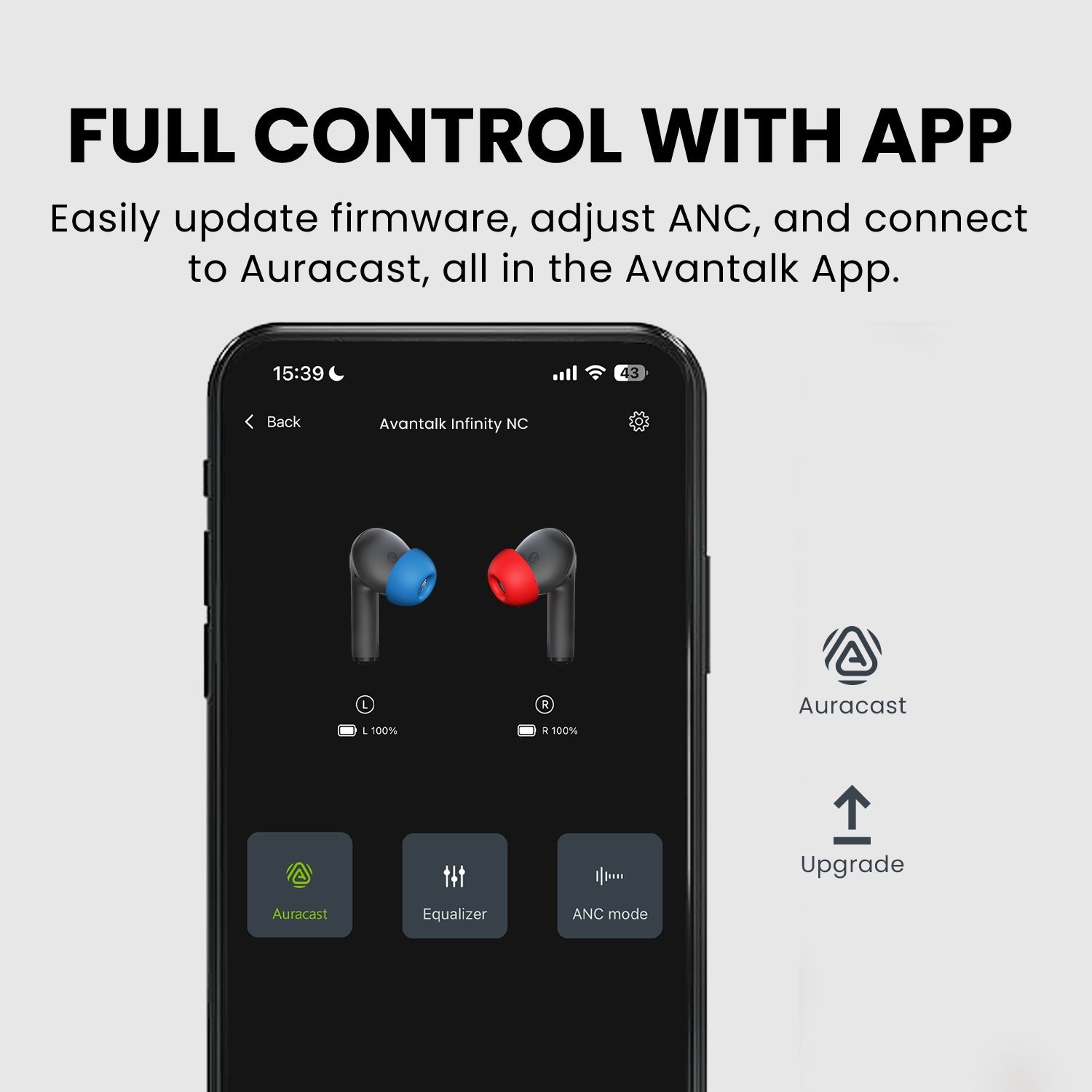Infinity NC ANC Earbuds with LE Audio, Auracast, HD calls, and custom EQ, with Avantree App control for firmware updates, ANC adjustment, and easy Auracast connection.