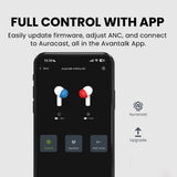 Infinity NC ANC Earbuds with LE Audio, Auracast, HD calls, and custom EQ, with Avantree App control for firmware updates, ANC adjustment, and easy Auracast connection.