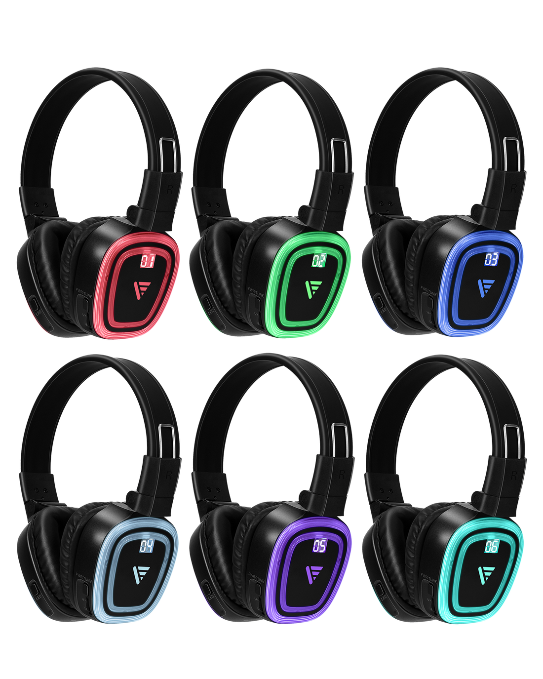 6-Pack V-UT90 Headphones feature a 1000 ft range and provide 12 hours of continuous listening. Ideal for both indoor and outdoor venues