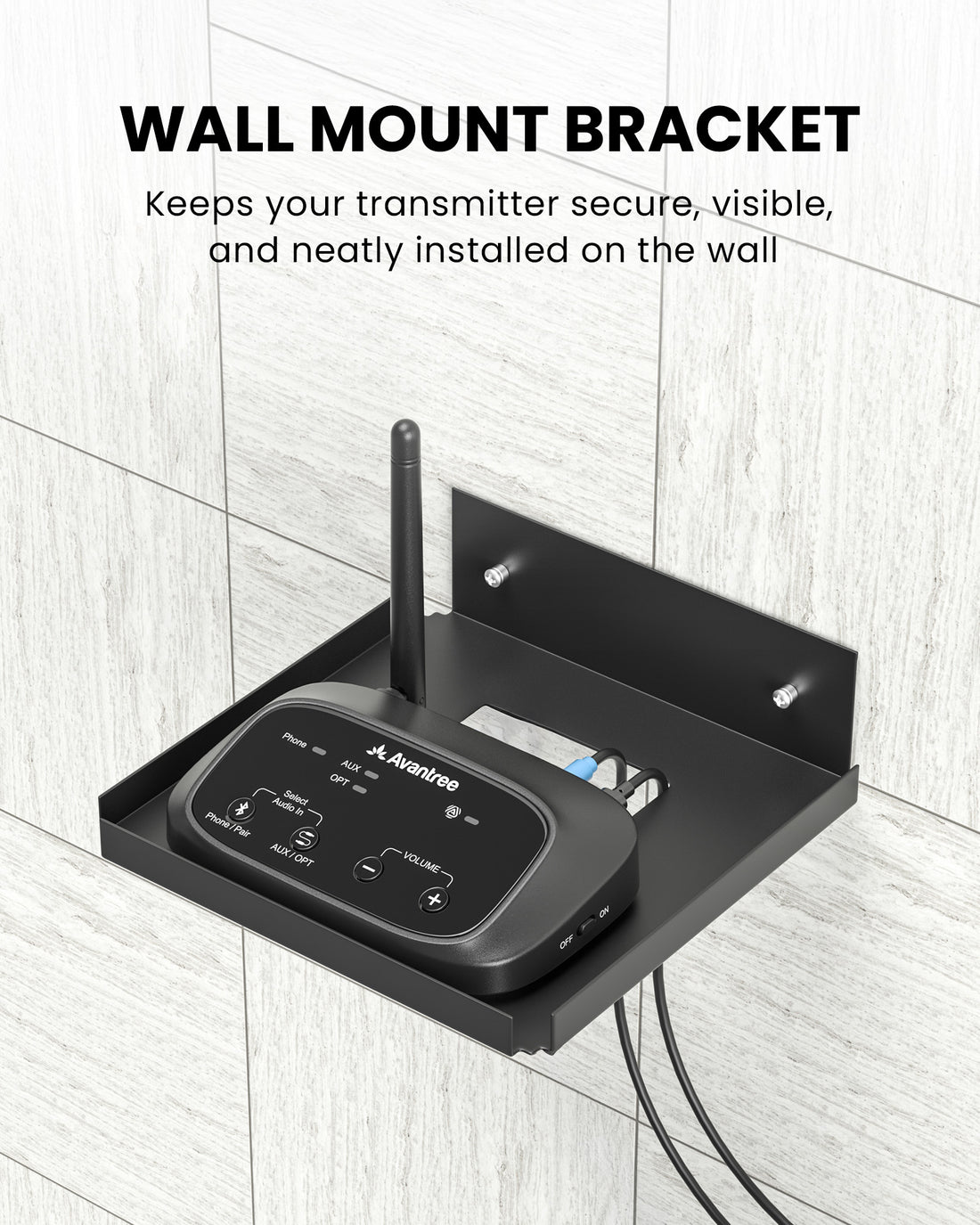 Wall Mount Bracket for Oasis Aura Transmitter. Compatible with Oasis Aura, AuraPlex & AudiPlex systems. Not compatible with AirCast or AuraPlex Pro.