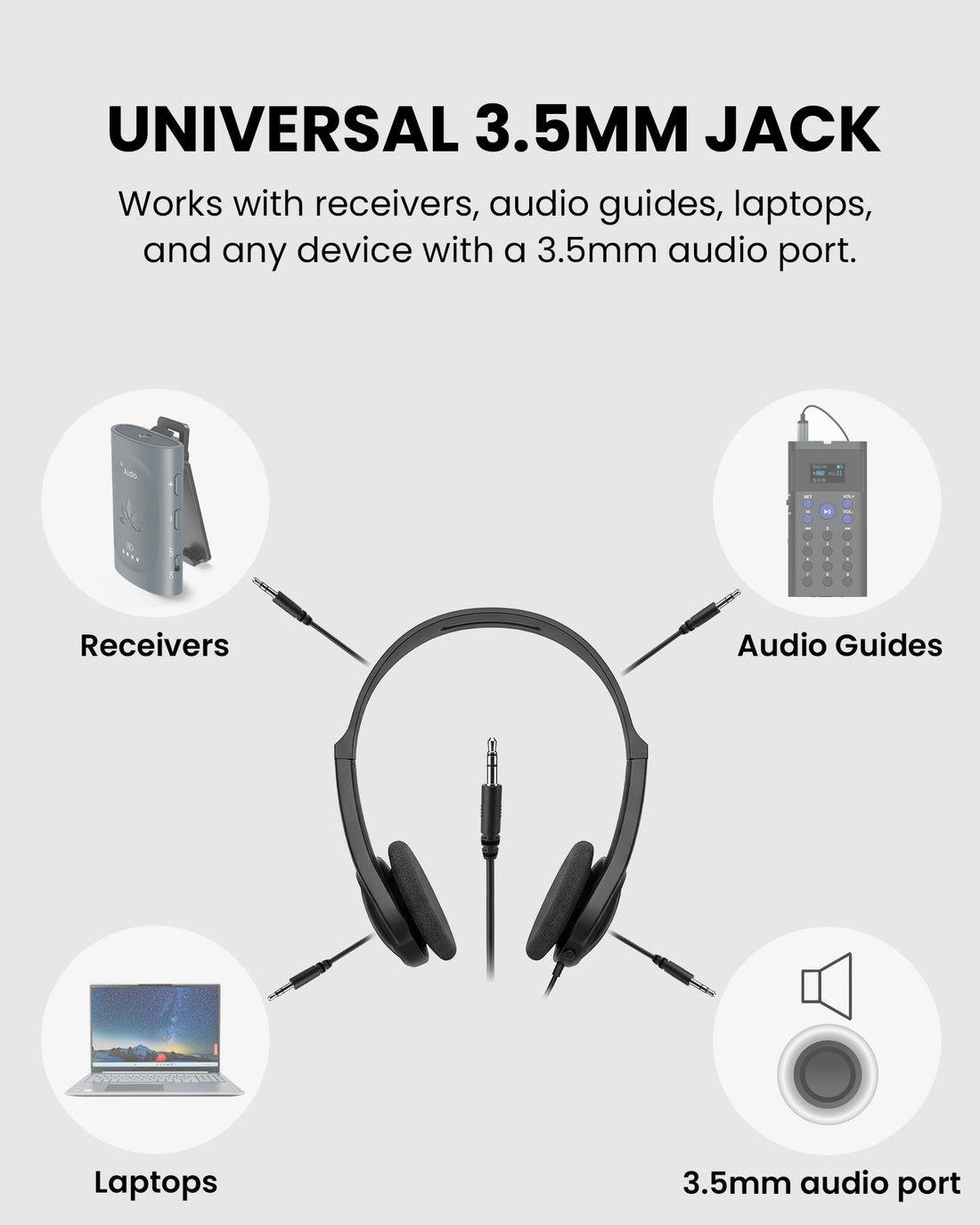 4-Pack Wired On-Ear Headphones with 3.5mm Jack compatible with receivers, audio guides, laptops, any device with 3.5mm audio port.