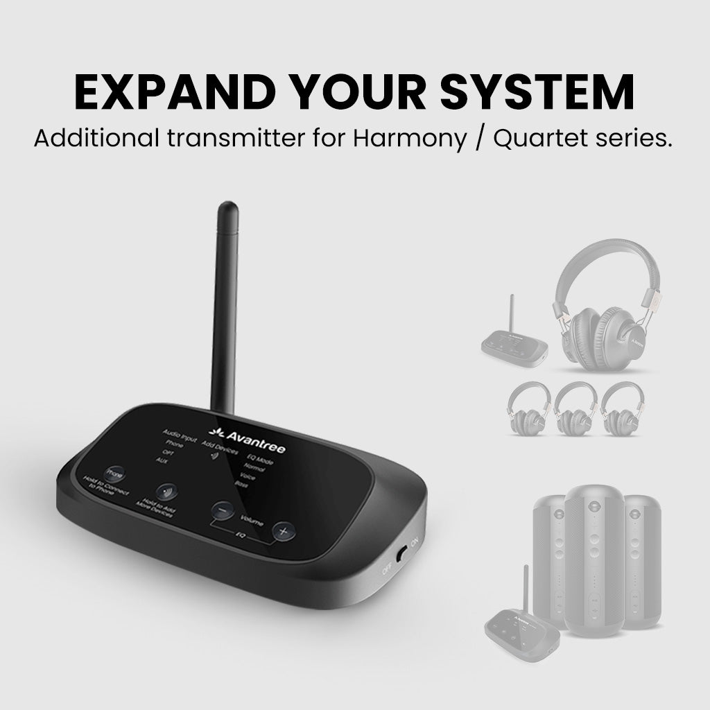 Avantree Flex Base 2, Extra Transmitter ONLY for Avantree Harmony / Quartet System - Not Compatible with Other Bluetooth Headphones / Speakers with expandable system, additional transmitters, speakers, and headphones.