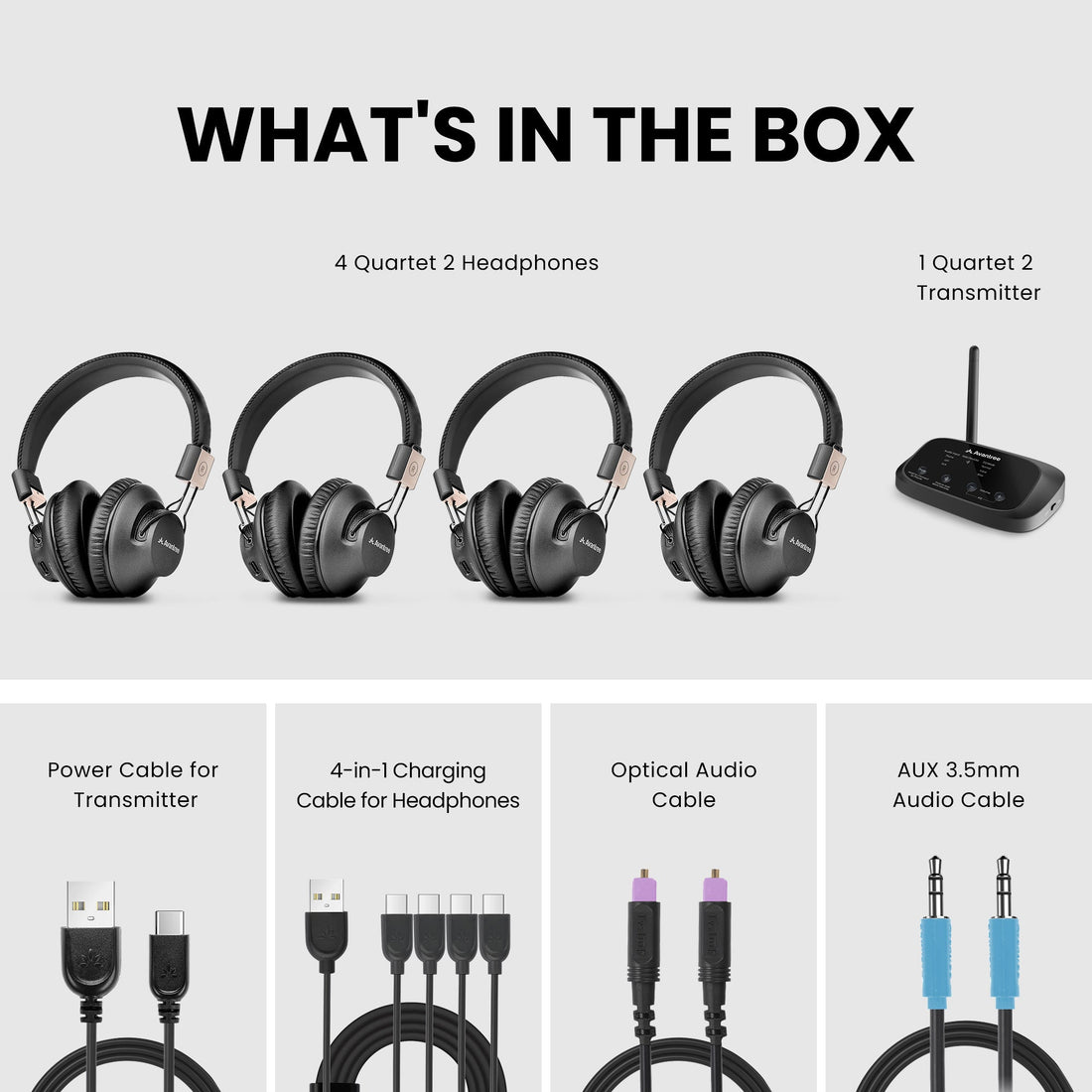 Quartet 2 2.4G Wireless Group Listening Headphones Set for TV and events includes 4 headphones, 1 transmitter, and accessories.
