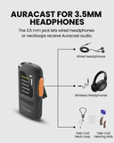 Auracast Receiver with OLED Display for Assistive Listening. Supports 3.5mm wired headphones, wireless headphones, and auracast telecoil neck loops.