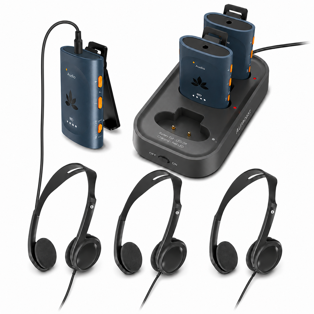 AuraClip 3RX receiver kit with charging dock and three wired on-ear headphones