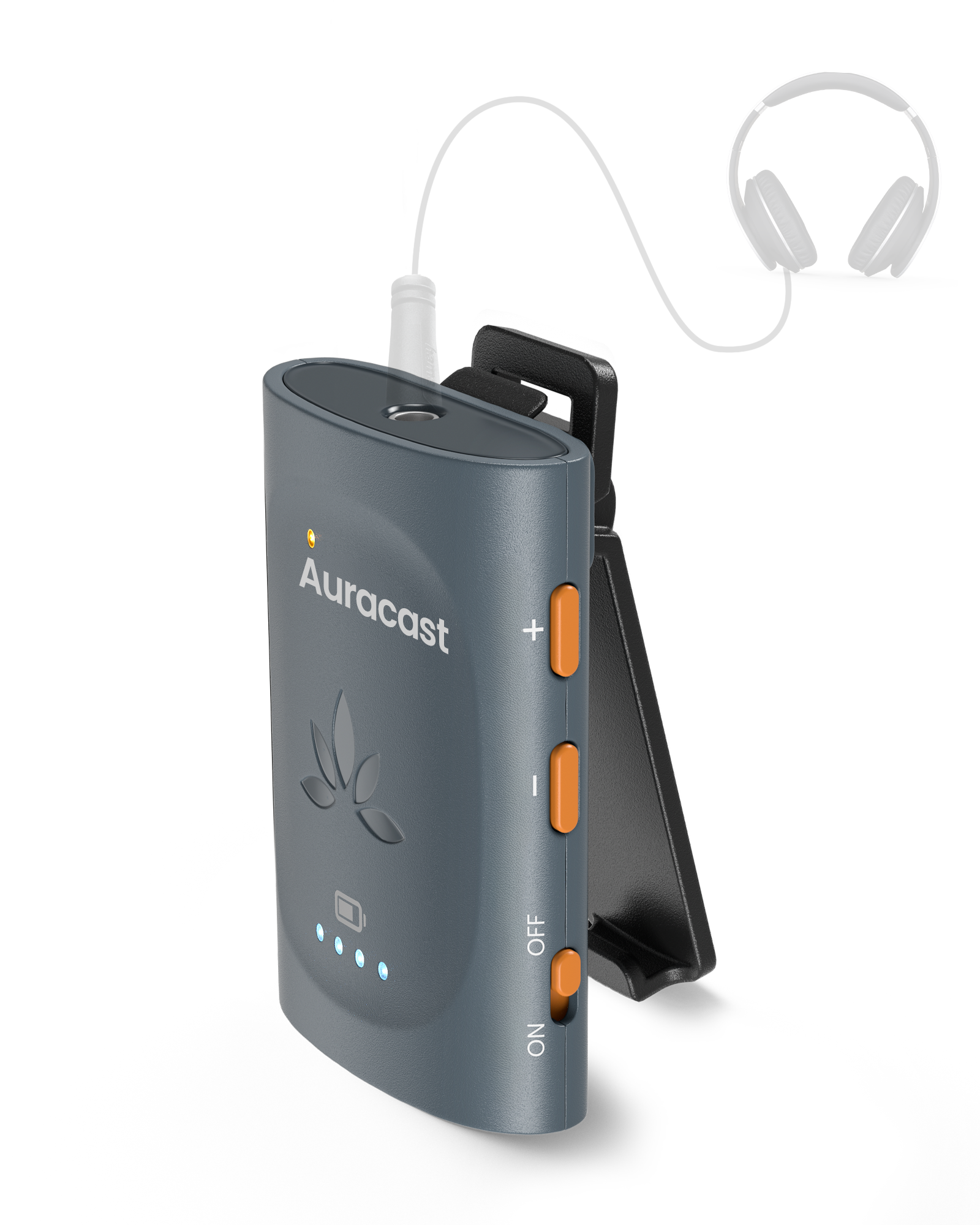 AuraClip Auracast receiver for church and personal listening, compatible with multi-brand transmitters, turning wired headphones or neckloops into Auracast listening devices.